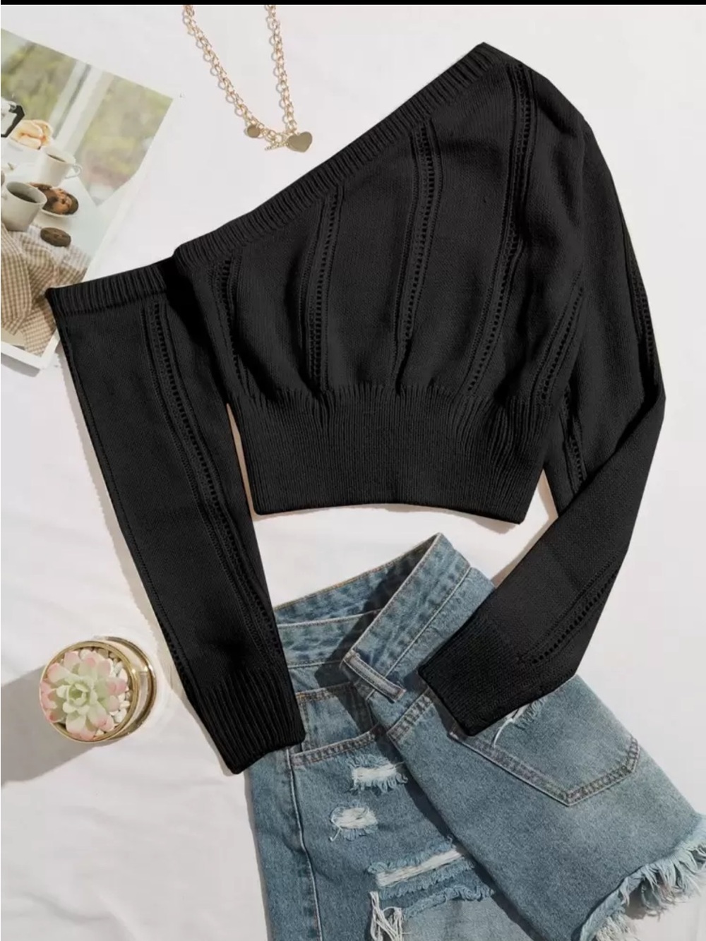 Black One Shoulder Pointelle Ribbed Knit Crop Sweater